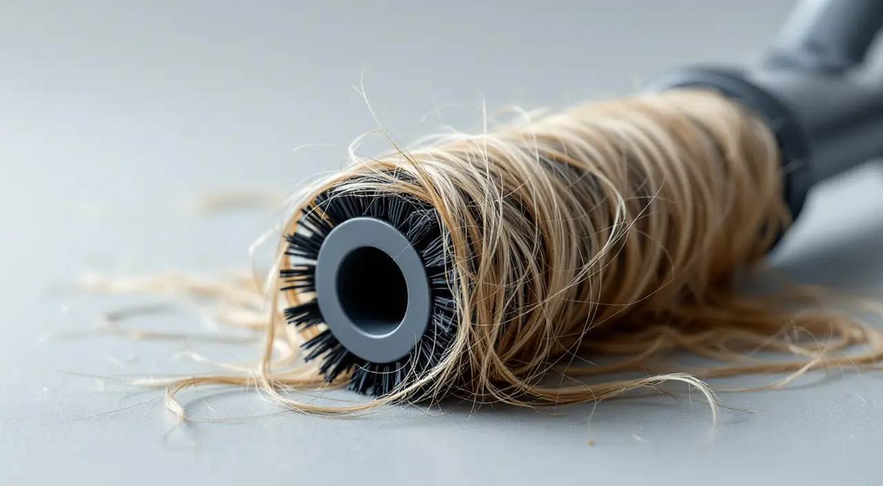 Brosse de robot aspirateur emmêlée de cheveux et de poils, le problème que la brosse ZeroTangle 3.0 veut éviter