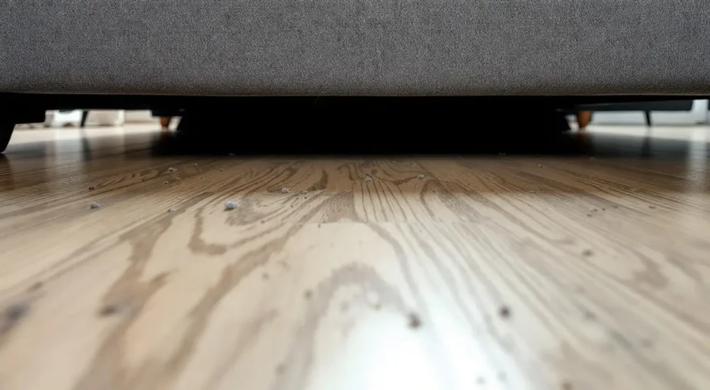 Image générée : le dessous d’un canapé vu au ras du sol, parquet clair, poussière et quelques poils