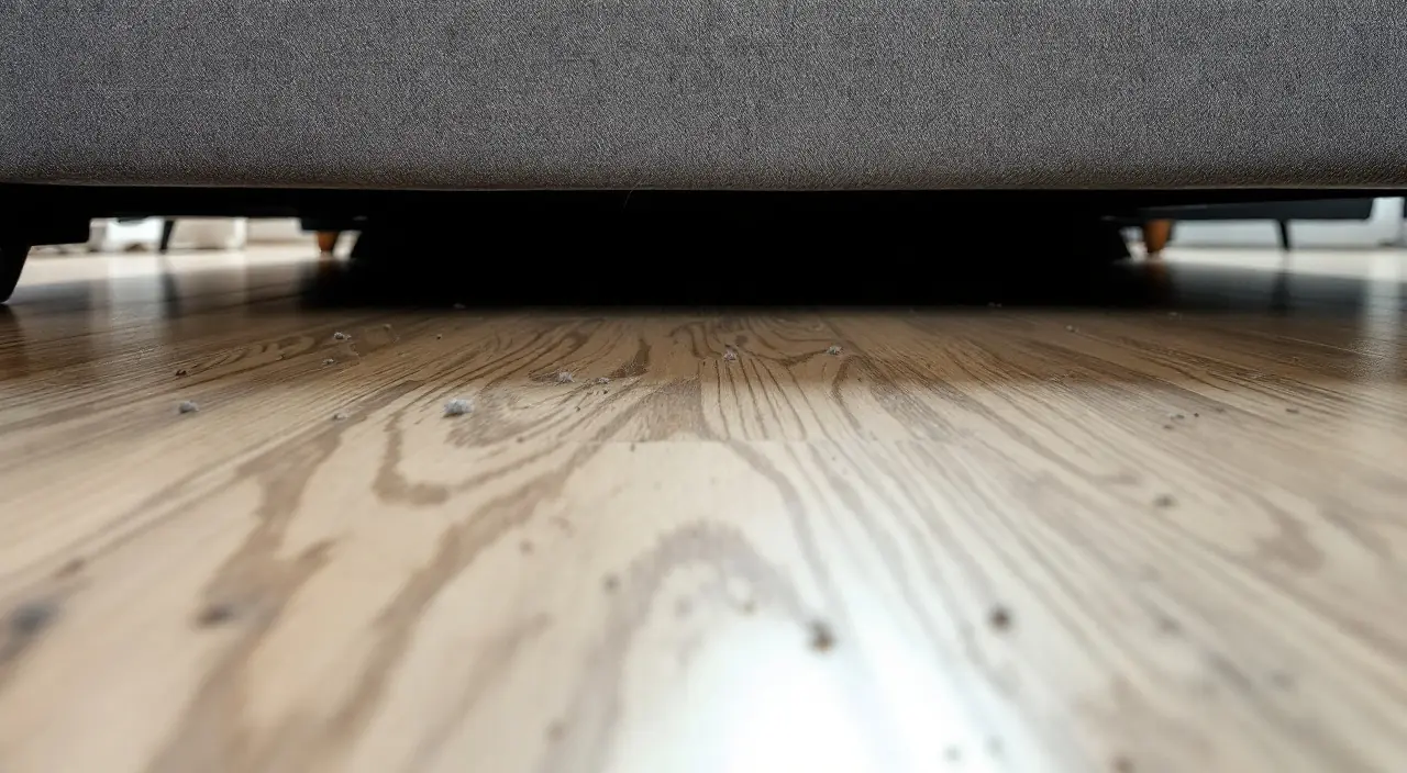 Image générée : le dessous d’un canapé vu au ras du sol, parquet clair, poussière et quelques poils