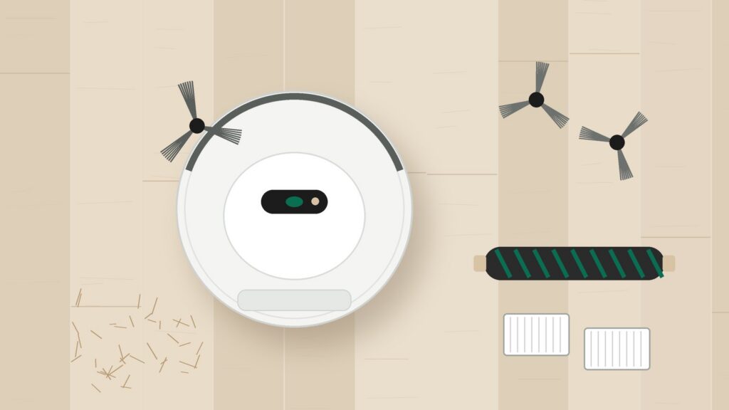 Illustration : robot aspirateur rond vu de dessus sur un parquet, avec brosses latérales, brosse centrale et filtres de rechange posés à côté
