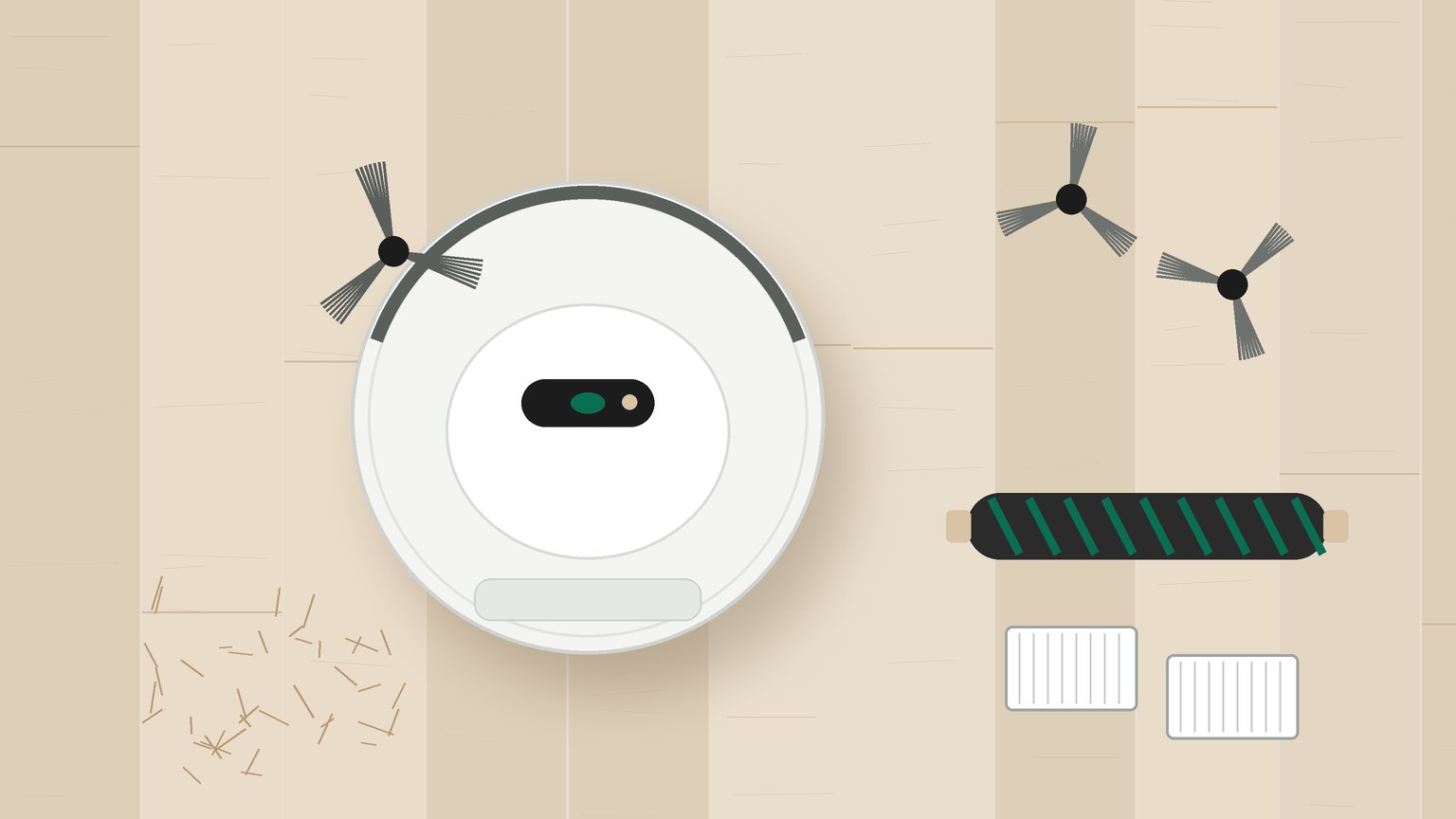 Illustration : robot aspirateur rond vu de dessus sur un parquet, avec brosses latérales, brosse centrale et filtres de rechange posés à côté