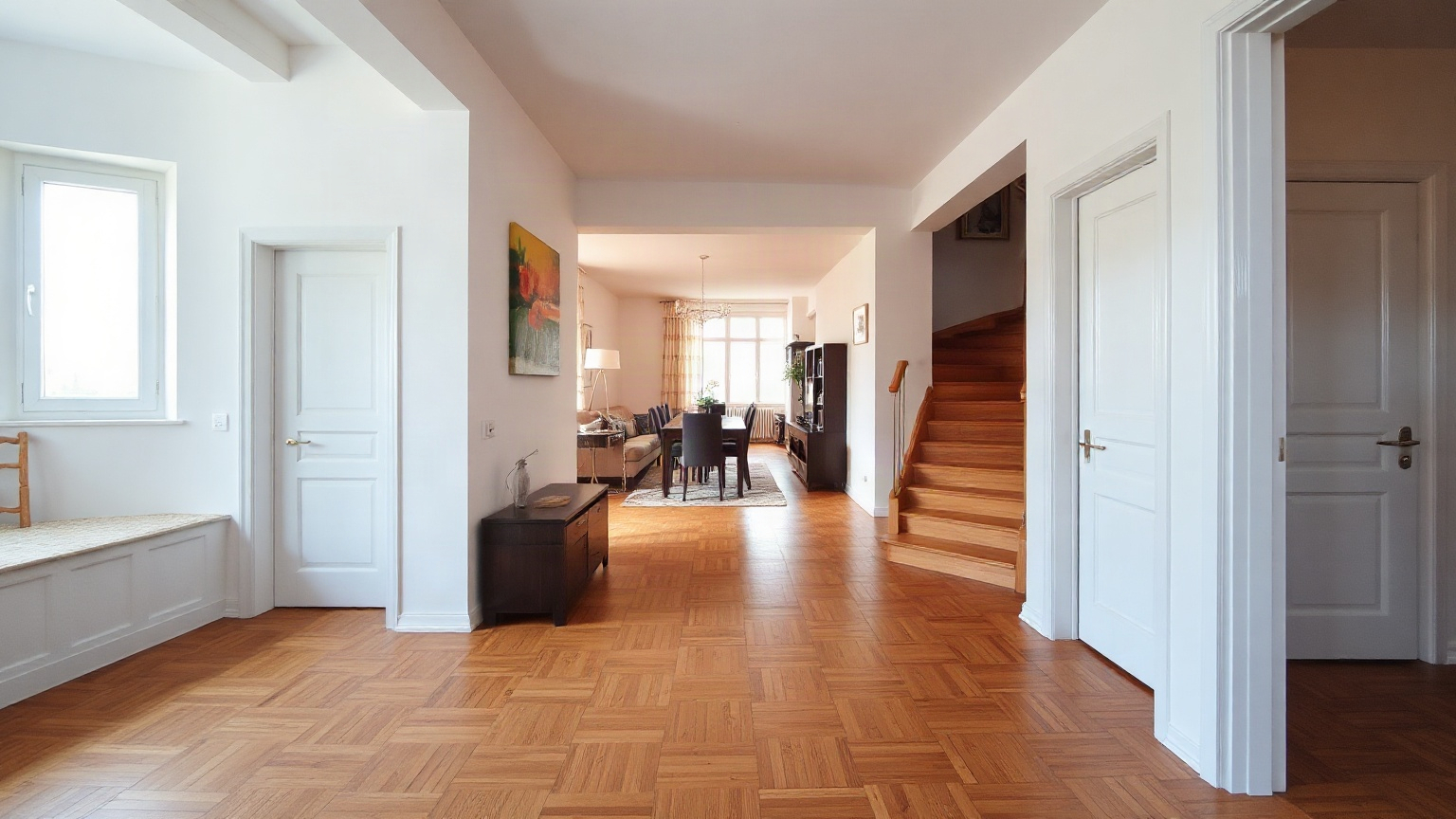 Image générée : entrée d’un appartement avec parquet en point de Hongrie, un escalier en bois et un salon lumineux au fond