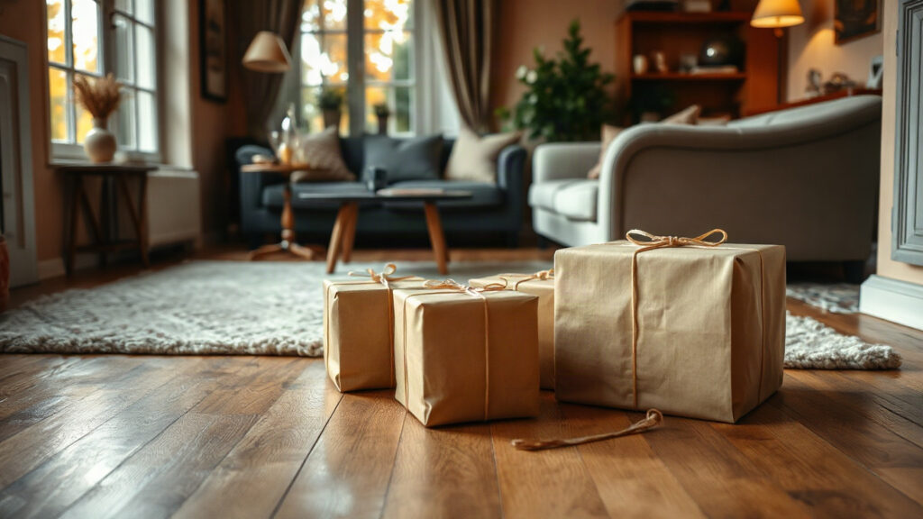 Image générée : paquets cadeaux en papier kraft posés sur un parquet, au ras du sol, dans un salon en automne