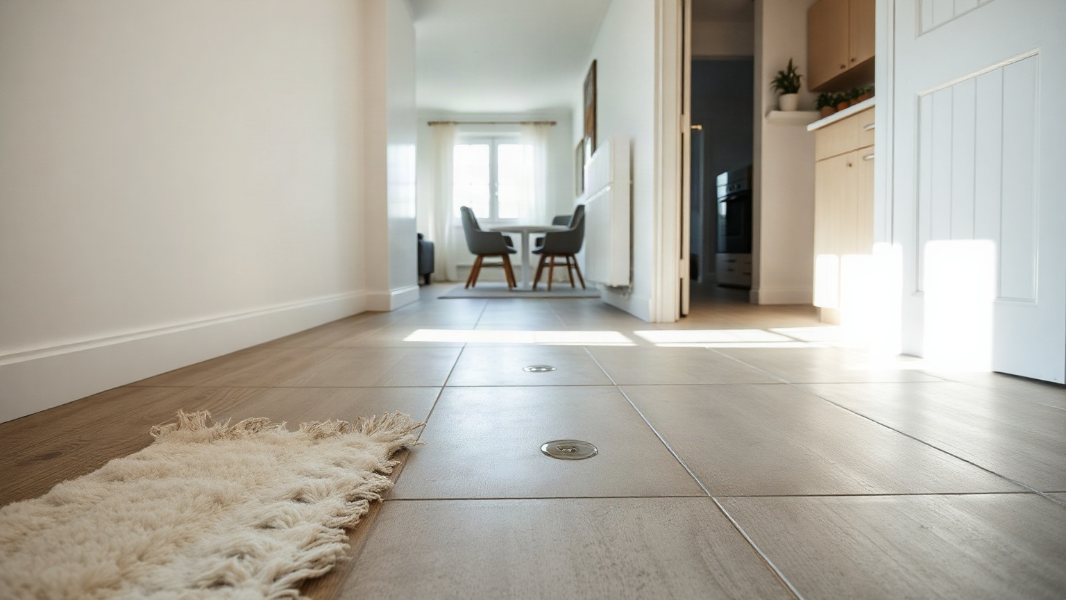 Image générée : couloir au ras du sol, parquet clair qui rejoint un carrelage gris, bord de tapis en laine au premier plan