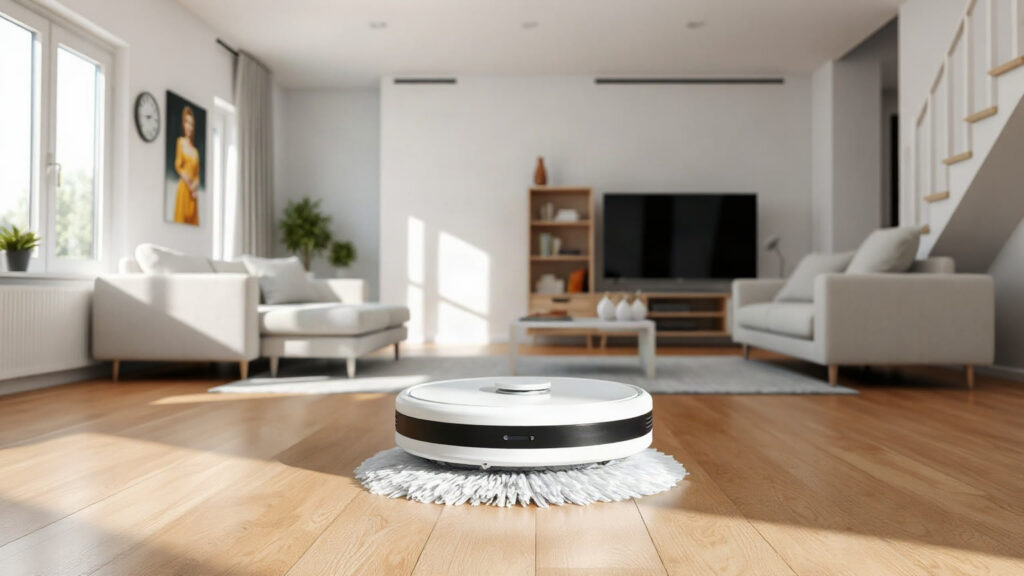 Illustration : robot aspirateur laveur à rouleau sur un parquet dans un salon lumineux