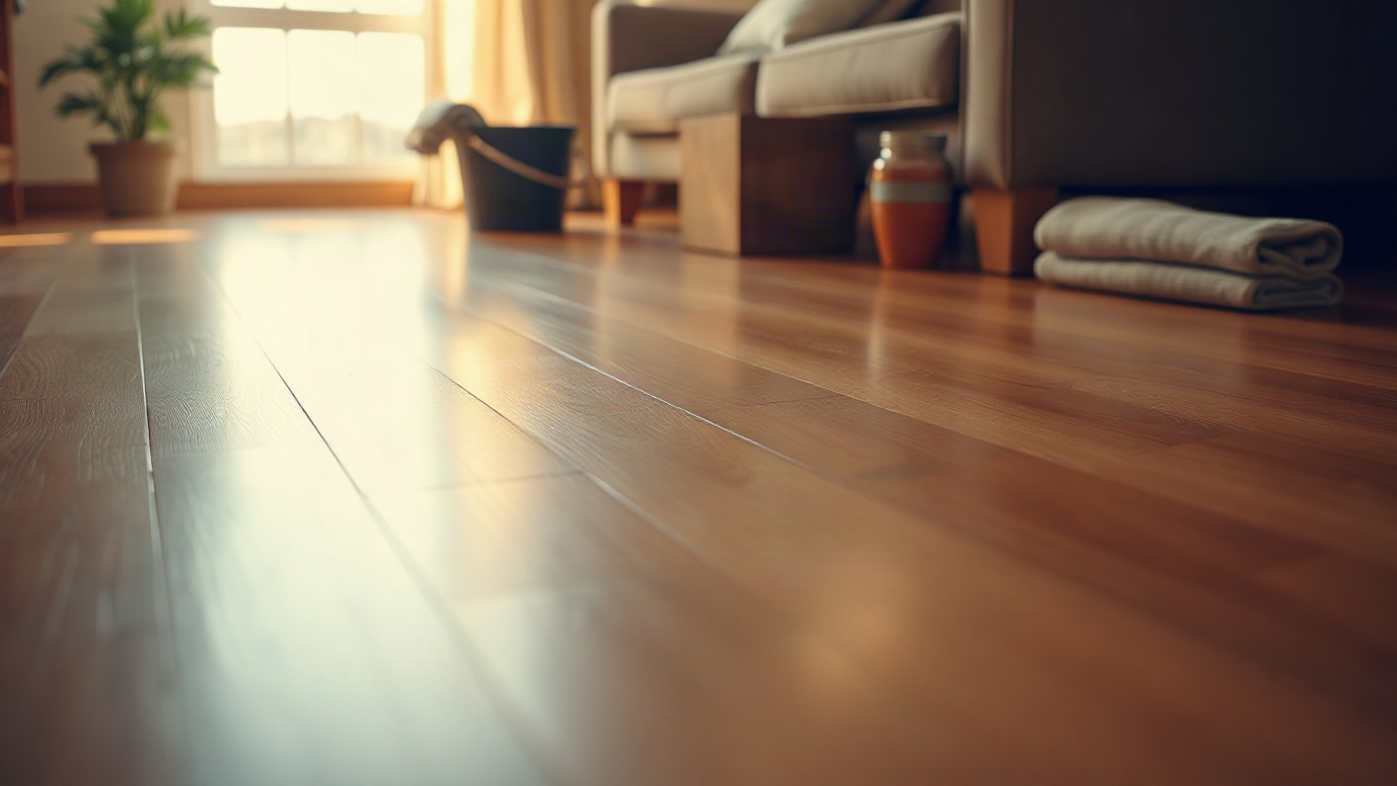 Image générée : parquet ciré qui brille au soleil dans un salon, seau et chiffon plié au fond