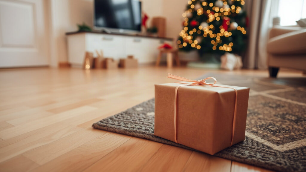 Image générée : un cadeau emballé en papier kraft posé sur un tapis et un parquet clair, au pied d’un sapin de Noël