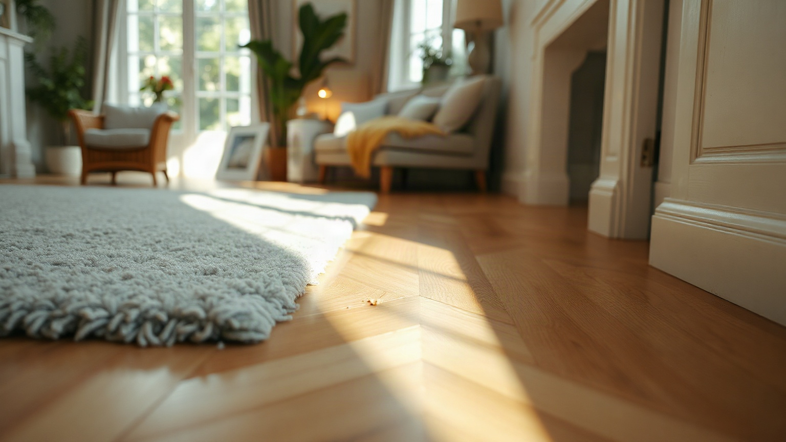 Image générée : bord d'un tapis gris sur un parquet clair, quelques miettes au soleil