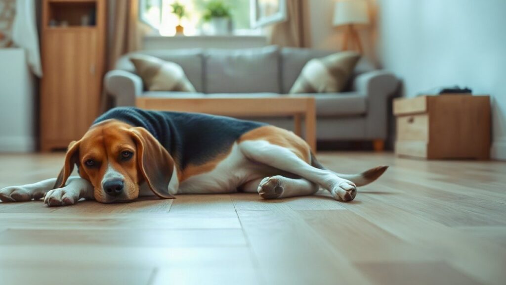 Image générée : un beagle couché seul sur un parquet clair dans un salon lumineux, vu au ras du sol, canapé en arrière-plan