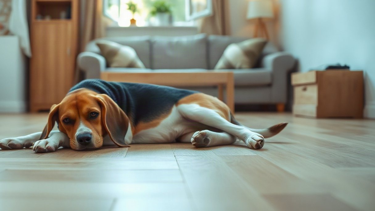 Image générée : un beagle couché seul sur un parquet clair dans un salon lumineux, vu au ras du sol, canapé en arrière-plan
