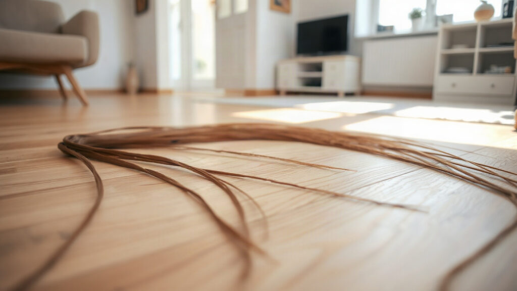 Image générée : de longues mèches de cheveux châtains posées sur un parquet clair, vues au ras du sol dans un salon lumineux