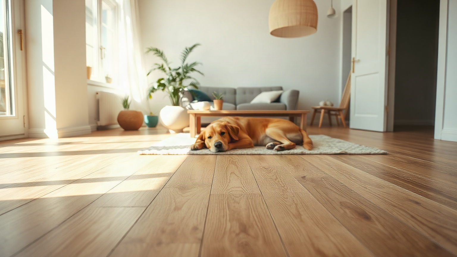Image générée : un chien couché sur un tapis, vu au ras d’un parquet clair, dans un salon lumineux