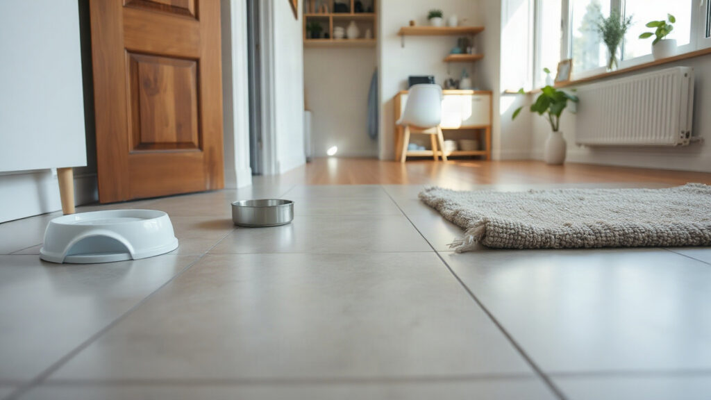 Image générée : sol en carrelage clair qui rejoint un parquet, gamelle et tapis, vu au ras du sol